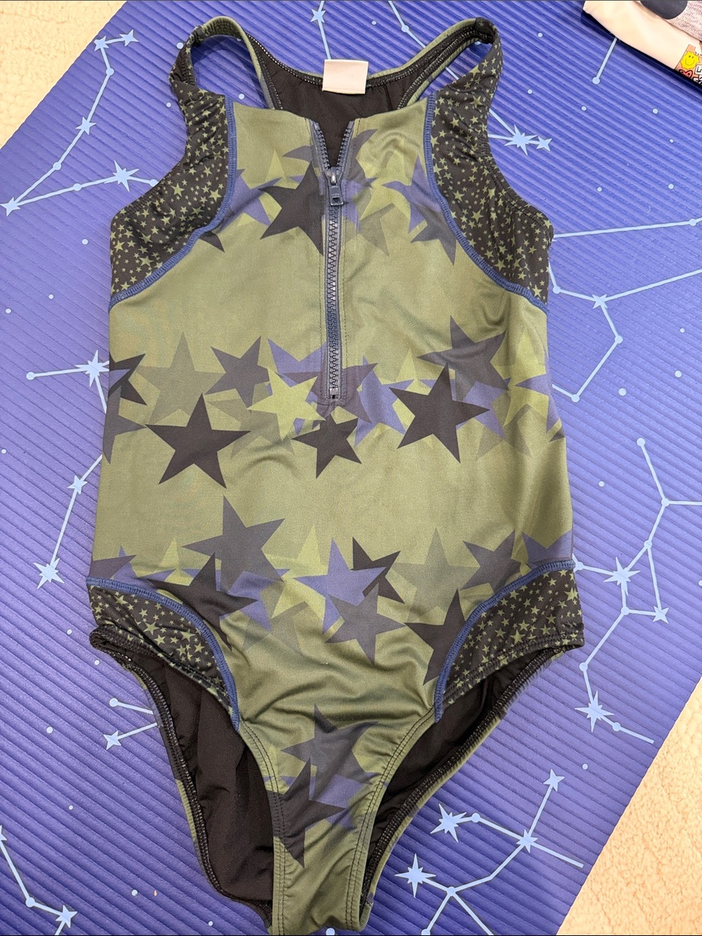 Submarine Olive Green Star-Print Kids One-Piece Swimsuit with Front Zip